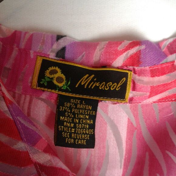 MIRASOL Button Up Blouse Women’s L Rayon Linen Blend Tropical Sunset Top Sheer - Picture 2 of 5